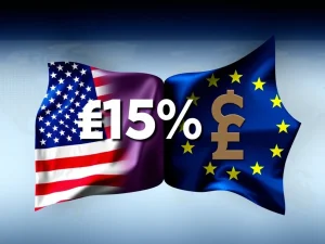 Visualizing the US-EU trade pact, showing intertwined flags and economic charts, representing the significant $1.35T agreement.