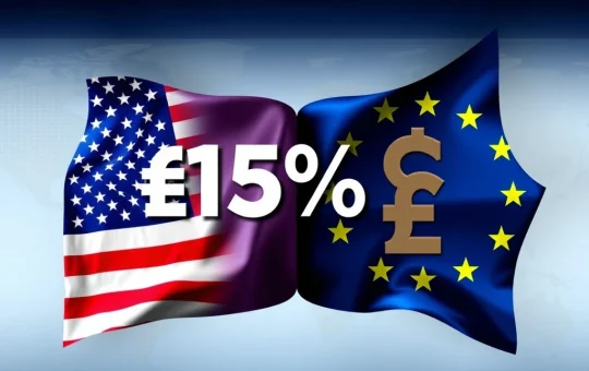 Visualizing the US-EU trade pact, showing intertwined flags and economic charts, representing the significant $1.35T agreement.