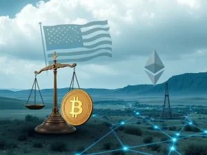 US government emblem overlaid with cryptocurrency symbols, representing the ongoing fight against crypto fraud in financial schemes.