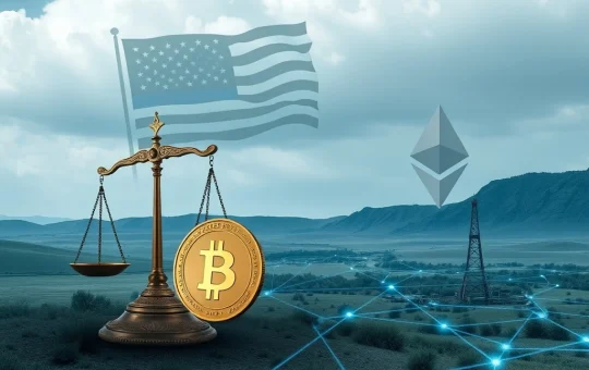US government emblem overlaid with cryptocurrency symbols, representing the ongoing fight against crypto fraud in financial schemes.