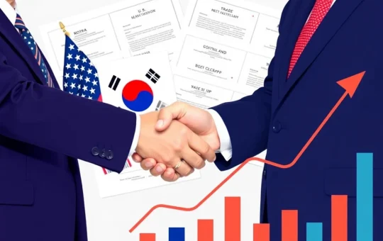 U.S. and South Korea officials shaking hands to celebrate tariff reduction and $350 billion investment deal