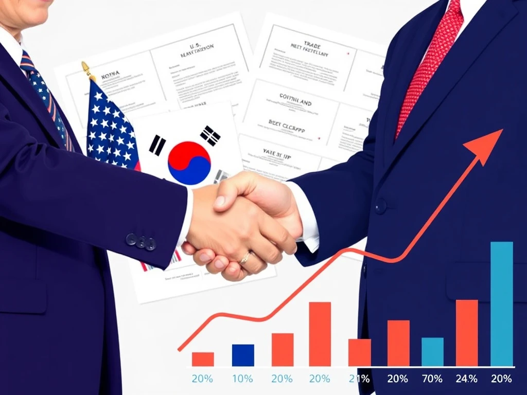 U.S. and South Korea officials shaking hands to celebrate tariff reduction and $350 billion investment deal