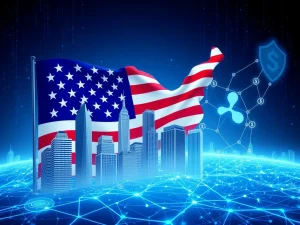 Visualizing the impact of US stablecoin reforms, showing institutional adoption of digital assets within a secure regulatory framework.