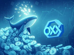 Visualizing a massive USDT transfer impacting crypto market strategy on the OKX exchange, with a whale icon.