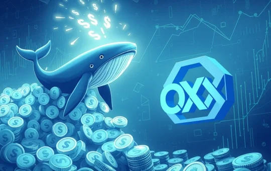 Visualizing a massive USDT transfer impacting crypto market strategy on the OKX exchange, with a whale icon.
