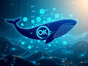 A digital representation of a massive USDT transfer to OKX, highlighting a significant crypto liquidity shift in the market.