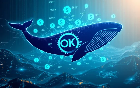 A digital representation of a massive USDT transfer to OKX, highlighting a significant crypto liquidity shift in the market.