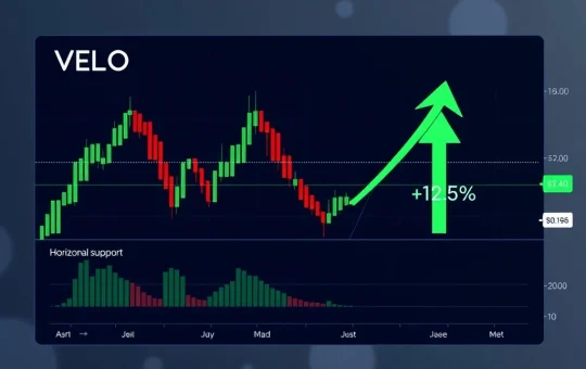 A VELO crypto chart showing consolidation above a support level, indicating a potential bullish breakout.