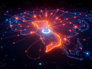 An illustration of Vietnam's national NDAChain blockchain fortifying data security for its burgeoning digital economy.