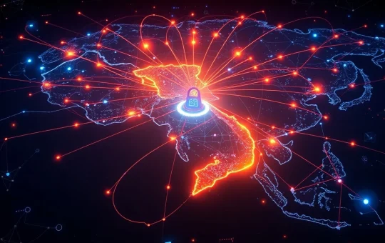 An illustration of Vietnam's national NDAChain blockchain fortifying data security for its burgeoning digital economy.