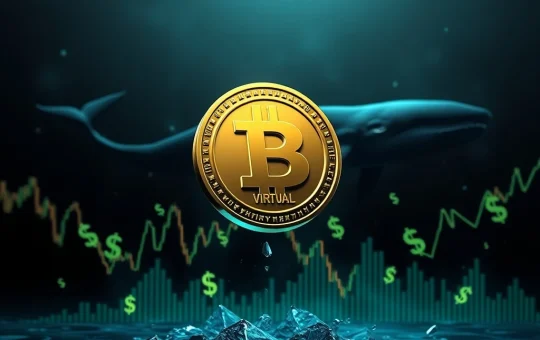 Depiction of the VIRTUAL token experiencing a sharp crypto crash, symbolizing liquidity outflows and market downturn.