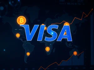 Visa's network facilitating secure, fast cross-border payments using stablecoins in emerging markets, showcasing the rapid growth of Visa stablecoin adoption.