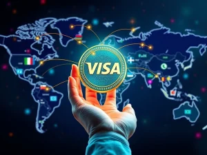 An illustration showing Visa's digital payment network facilitating efficient cross-border transactions using stablecoins, representing the future of global finance.
