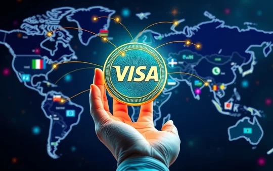 An illustration showing Visa's digital payment network facilitating efficient cross-border transactions using stablecoins, representing the future of global finance.