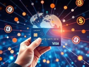 Visa's strategic integration of stablecoins for cross-border payments, symbolizing a bridge between traditional finance and blockchain technology.
