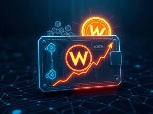 WeWake WAKE token presale with 1,300% growth potential on a futuristic digital wallet interface.