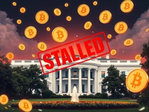 White House and Bitcoin symbols representing stalled Strategic Bitcoin Reserve expansion