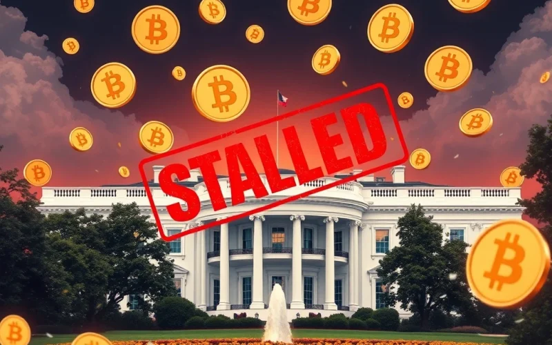 White House and Bitcoin symbols representing stalled Strategic Bitcoin Reserve expansion