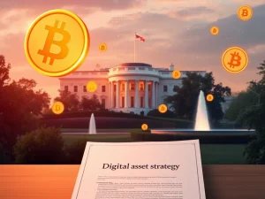 White House unveils digital asset strategy with Bitcoin symbols in the background