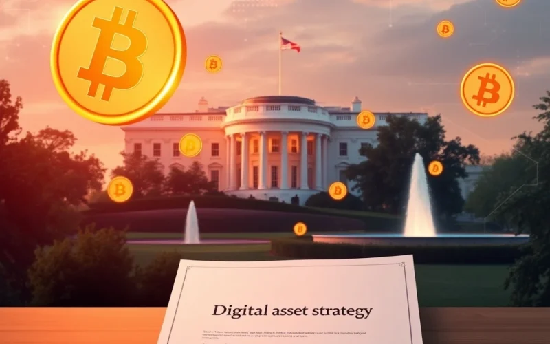 White House unveils digital asset strategy with Bitcoin symbols in the background