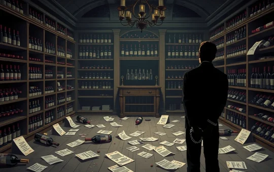 An illustration symbolizing a major wine scam, featuring empty wine cellars and handcuffs, highlighting the dangers of investment fraud.