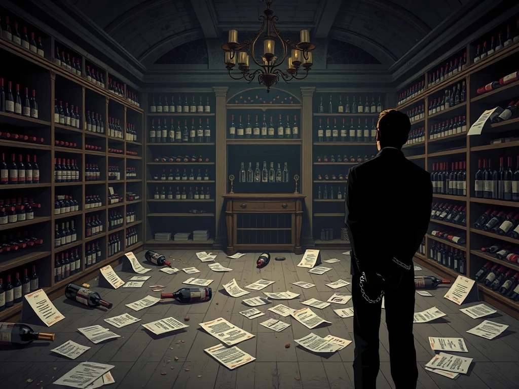An illustration symbolizing a major wine scam, featuring empty wine cellars and handcuffs, highlighting the dangers of investment fraud.