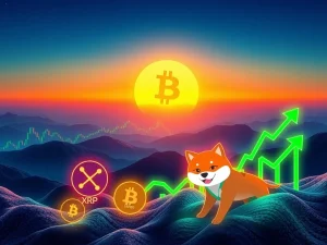 Visualizing Bitcoin's impressive ascent alongside rallying XRP, DOGE, and SHIB, showcasing renewed crypto optimism and the emergence of XYZVerse.