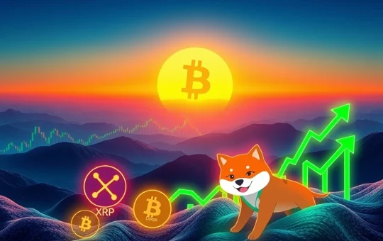 Visualizing Bitcoin's impressive ascent alongside rallying XRP, DOGE, and SHIB, showcasing renewed crypto optimism and the emergence of XYZVerse.