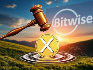 A gavel striking a crypto coin, symbolizing the SEC's halt of the Bitwise Crypto ETF and the resulting XRP price drop.