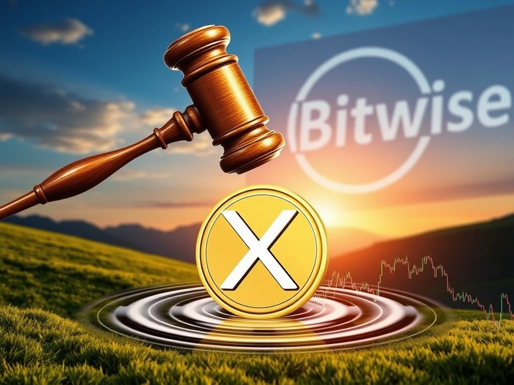 A gavel striking a crypto coin, symbolizing the SEC's halt of the Bitwise Crypto ETF and the resulting XRP price drop.
