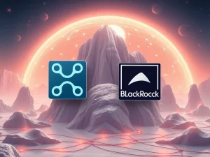 XRP and BlackRock logos in a futuristic financial landscape highlighting cryptocurrency market trends