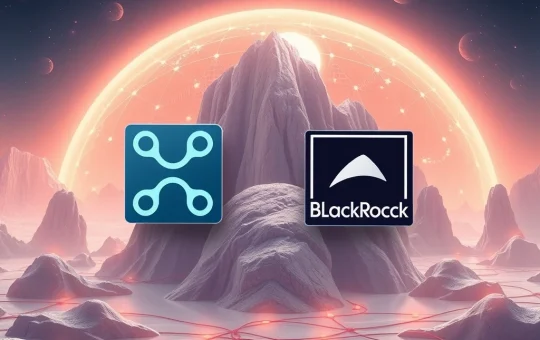 XRP and BlackRock logos in a futuristic financial landscape highlighting cryptocurrency market trends