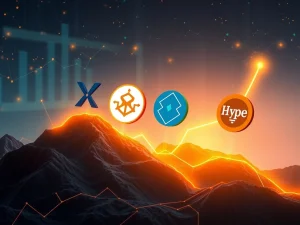A digital illustration showing various cryptocurrency logos (XRP, BlockDAG, BNB, HYPE) emerging from a graph, symbolizing the rise of 2025's crypto leaders and BlockDAG's potential ROI.