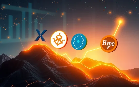 A digital illustration showing various cryptocurrency logos (XRP, BlockDAG, BNB, HYPE) emerging from a graph, symbolizing the rise of 2025's crypto leaders and BlockDAG's potential ROI.
