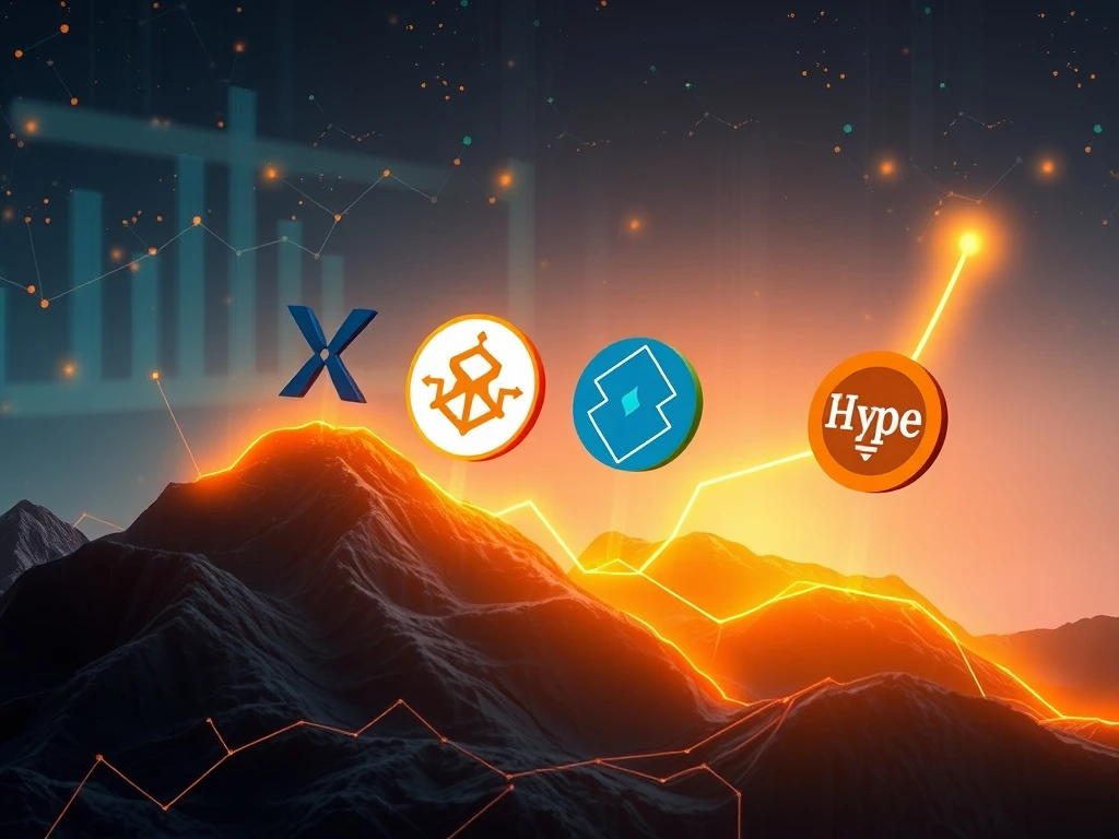 A digital illustration showing various cryptocurrency logos (XRP, BlockDAG, BNB, HYPE) emerging from a graph, symbolizing the rise of 2025's crypto leaders and BlockDAG's potential ROI.