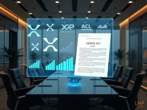 A corporate executive shaking hands over a table with blockchain symbols, representing Nature's Miracle's groundbreaking XRP corporate treasury initiative.