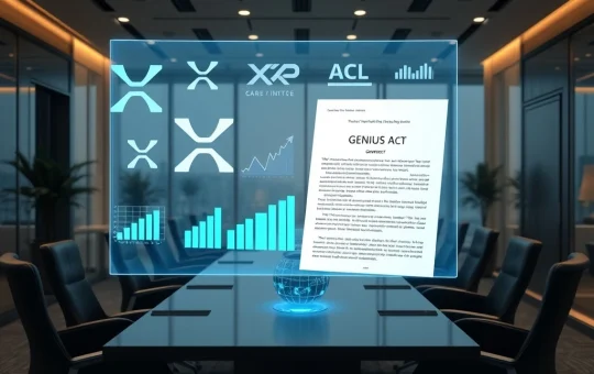 A corporate executive shaking hands over a table with blockchain symbols, representing Nature's Miracle's groundbreaking XRP corporate treasury initiative.