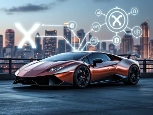 An XRP holder's dream realized: a Lamborghini acquired through an innovative XRP DeFi strategy, symbolizing financial freedom and smart crypto investment.