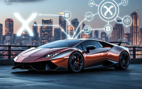 An XRP holder's dream realized: a Lamborghini acquired through an innovative XRP DeFi strategy, symbolizing financial freedom and smart crypto investment.