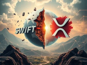 XRP symbol soaring above a traditional SWIFT logo, illustrating the shift in global cross-border transactions.