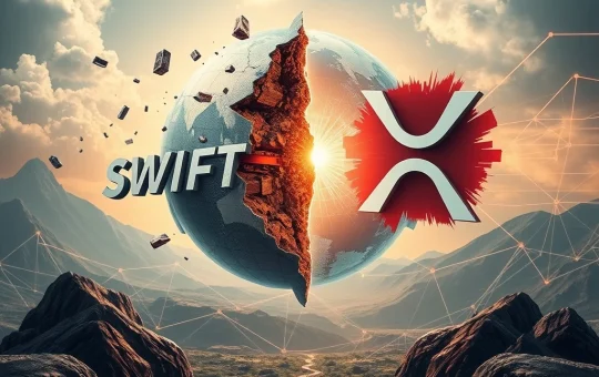 XRP symbol soaring above a traditional SWIFT logo, illustrating the shift in global cross-border transactions.