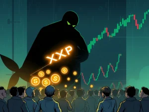 A digital illustration representing Chris Larsen's significant XRP transfer, symbolizing market anxiety and potential sell-offs in the XRP market.