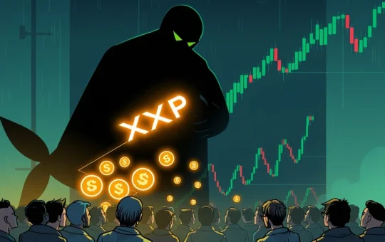 A digital illustration representing Chris Larsen's significant XRP transfer, symbolizing market anxiety and potential sell-offs in the XRP market.