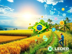 A digital overlay of blockchain elements and agricultural fields, symbolizing how XRP Ledger technology is transforming agribusiness credit in Brazil.