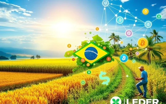 A digital overlay of blockchain elements and agricultural fields, symbolizing how XRP Ledger technology is transforming agribusiness credit in Brazil.