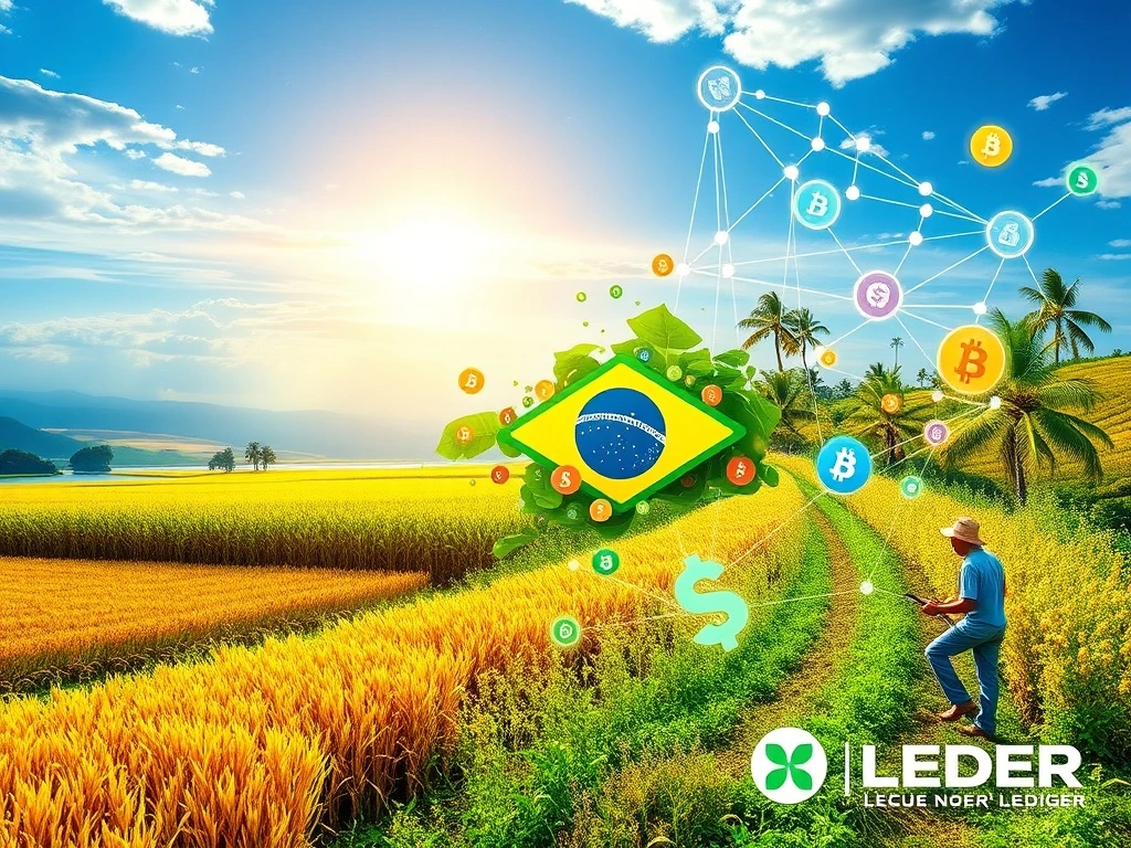 A digital overlay of blockchain elements and agricultural fields, symbolizing how XRP Ledger technology is transforming agribusiness credit in Brazil.