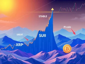 A visual representation of XRP's elevated open interest, SUI's surging price, and Pi Coin's declining momentum, illustrating diverse altcoin market trends.
