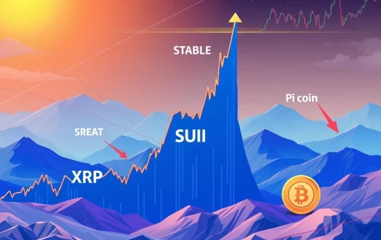 A visual representation of XRP's elevated open interest, SUI's surging price, and Pi Coin's declining momentum, illustrating diverse altcoin market trends.