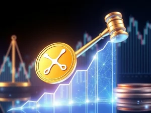 XRP coin surging with legal resolution backdrop symbolizing growth