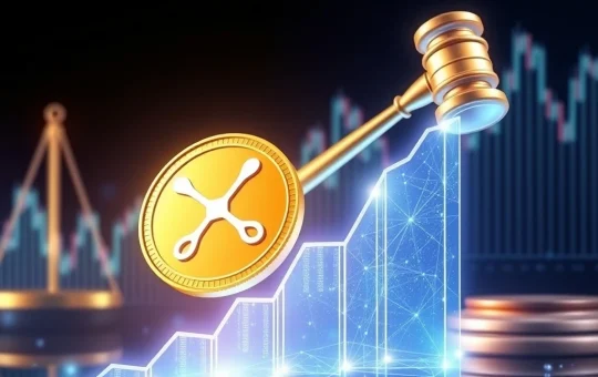 XRP coin surging with legal resolution backdrop symbolizing growth